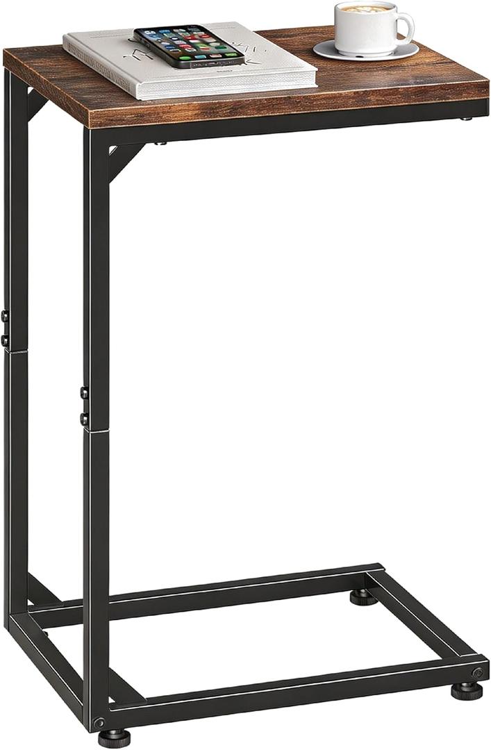 Simple Trending C Shaped End Table, TV Tray for Couch, Small Side Table with Metal Frame, for Living Room Bedroom, Rustic Brown