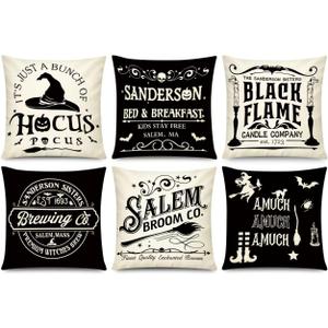 COMMINY Halloween Pillow Covers 18x18 Inch Set of 6, Indoor Halloween Decorations, Black White Farmhouse Saying Throw Pillow Cover, Scary Pillowcase for Seaonal Party Couch Home Decor