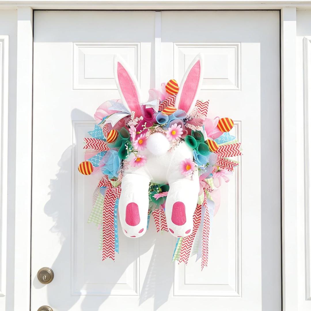 Easter Bunny Butt Wreath, Spring Door Decoration Kit, Colorful Ribbon and Floral Design, 18 x 15.9 Inches, Indoor Outdoor Welcome Sign (Classic)