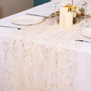 1PCS Gold Table Runner 10Ft Gold Sheer Table Runner Chiffon Fabric Cheesecloth Sequin Glitter Table Runner for Wedding Birthday Bridal Shower Party Decor (10ft x 1pack)