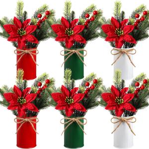 Tioncy 6 Sets Christmas Tabletop Centerpiece Artificial Poinsettias with Metal Vase Flower Picks Holly Red Berries Stem Pine Needles in Pots Faux Floral Arrangements for Home Table Party (3 Colors)