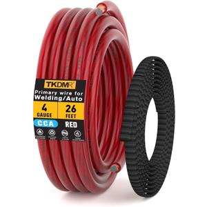 4 Gauge Wire Battery Cable - CCA 4 AWG Electrical Wire Extension Cord, 26FT Red with Cable Sleeves, for Automotive Power Ground, Battery Cable, Car Audio, RV