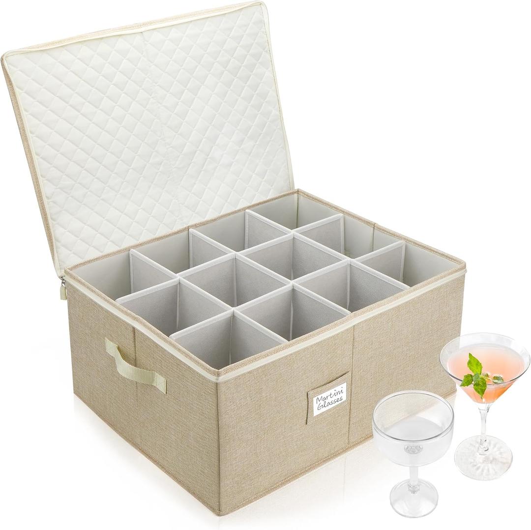 LotFancy Stemware Storage Container, Hard Shell, Large Wine Glass Storage Box for Moving, Stackable, Foldable, Crystal Glassware, Drinkware Case with Dividers & Handles, 21x15.5x10, Beige
