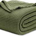 Bedsure Gentlesoft 100% Cotton Blanket Queen Size for Bed - Breathable and Soft, Waffle Weave Blanket for Summer, Thick Cozy Fall Blankets for Women Gift, Olive Green, 90x90 Inches
