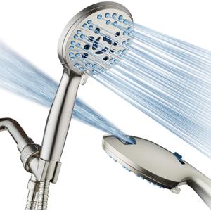 Hotel Spa AquaCare High Pressure 8-mode Handheld Shower Head, Anti-clog Nozzles, Built-in Power Wash to Clean Tub, Tile & Pets, Extra Long 6 ft. Stainless Steel Hose, Wall & Overhead Brackets (Satin Nickel)