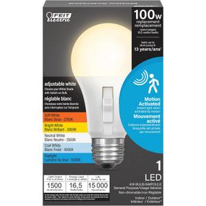 Feit Electric LED Motion Sensor Light Bulb, A21 100W Equivalent, 5CCT, Non-Dimmable, E26 Medium Base, 90 CRI, 1500 Lumens, Adjustable White, 15 Years Lifetime, OM100/5CCTCA/MM/LEDI