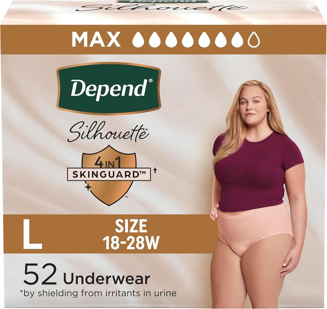 Depend Silhouette Adult Incontinence & Postpartum Bladder Leak Underwear for Women, Maximum Absorbency, Large, Pink, 52 Count (2 Packs of 26), Packaging May Vary