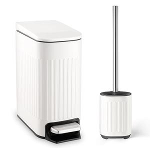 Bathroom Trash Can with Toilet Brush  1.6 Gallon Slim Stainless Steel Garbage Can, Small Wastebasket for Bathroom, Office, Bedroom, Silicone Toilet Brush Included, White