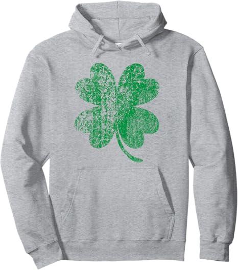 Vintage Faded Retro Four Leaf Clover St Patricks Day Pullover Hoodie, (Medium, Heather Grey)