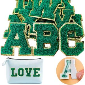 2 x Jongdari Chenille Letter Patches Self-Adhesive & Iron-On Letters, Varsity Fuzzy Patch Glitter Alphabet - 26pcs, Green