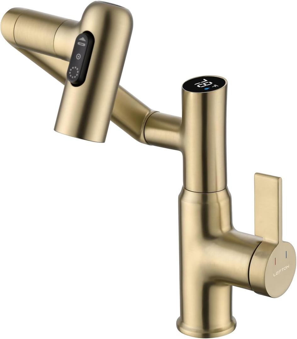 Lefton Rotatable Bathroom Faucet with Temperature Display in Fahrenheit (Batteries-Free), 3 Water Modes, Brushed Gold, BF2204-6