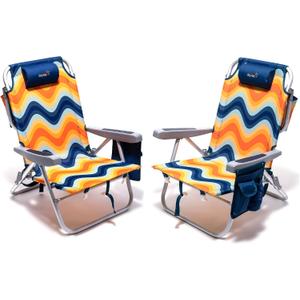SUNNYFEEL Low Beach Chair 2 Pack, 5-Position Lay Flat Reclining, Backpack Portable Folding Chairs with Cooler Bag & Cup Holder, Heavy Duty 350 LBS, Compact for Beach, Camping, Travel
