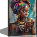Framed Black Woman Canvas Wall Art, African American Wall Decor, Fashion Modern Abstract Painting Picture, Coffee Girl Poster Print Artwork for Living Room Bedroom Home Decoration