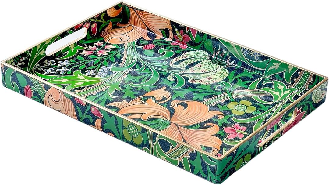 Zosenley Rectangular - Decorative Plastic Tray with Handles Modern Vanity Serving for Ottoman, Coffee Table, Kitchen and Bathroom 13.8 x 9.84 Inch (Morris Green)