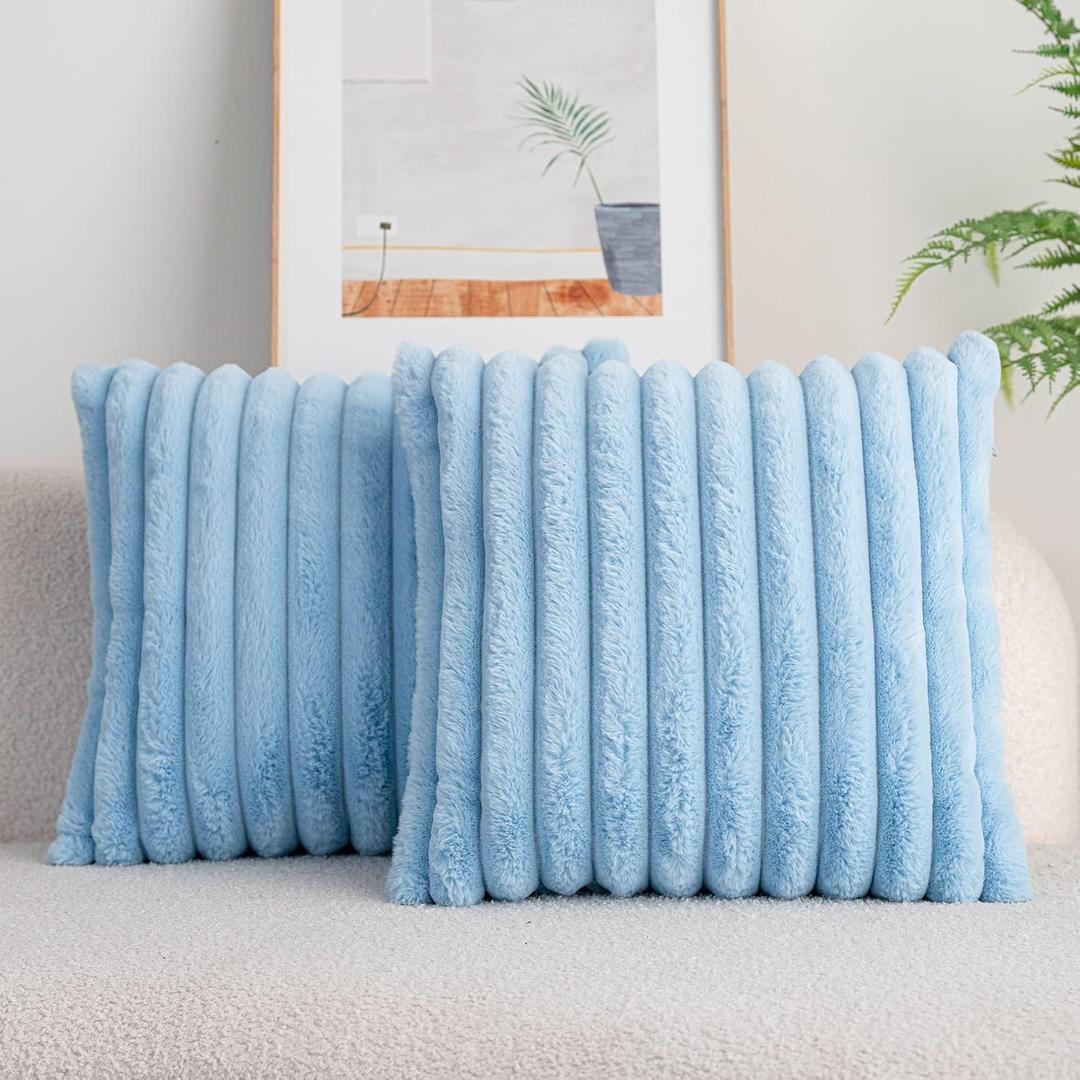 DEELAND Pack of 2,Double-Sided Faux Fur Plush Decorative Throw Pillow Covers Fuzzy Striped Soft Pillowcase Cushion Covers for Sofa Couch Bedroom Lightblue 20x20 inch
