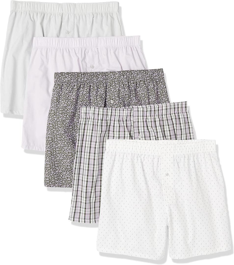 Amazon Essentials Men's Woven Cotton Boxer Short Underwear , Pack of 5 (Arrow Geo/Bright White/Olive Ditsy Floral/Plaid/White, 2XL)