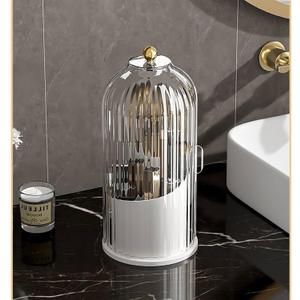 Makeup Brush Storage Box,360Rotating Bucket for Easy Access and Additional Storage for Dressing Table Items like Pen Holder,Lipsticks,and Dust-proof Cover Dividers (Transparent White)