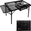 4ft Folding BBQ Table with Wing Plate, Height Adjustable Metal Table with Small Charcoal Grill, Portable Outdoor Table Removable to Two Tables (Bright Black)