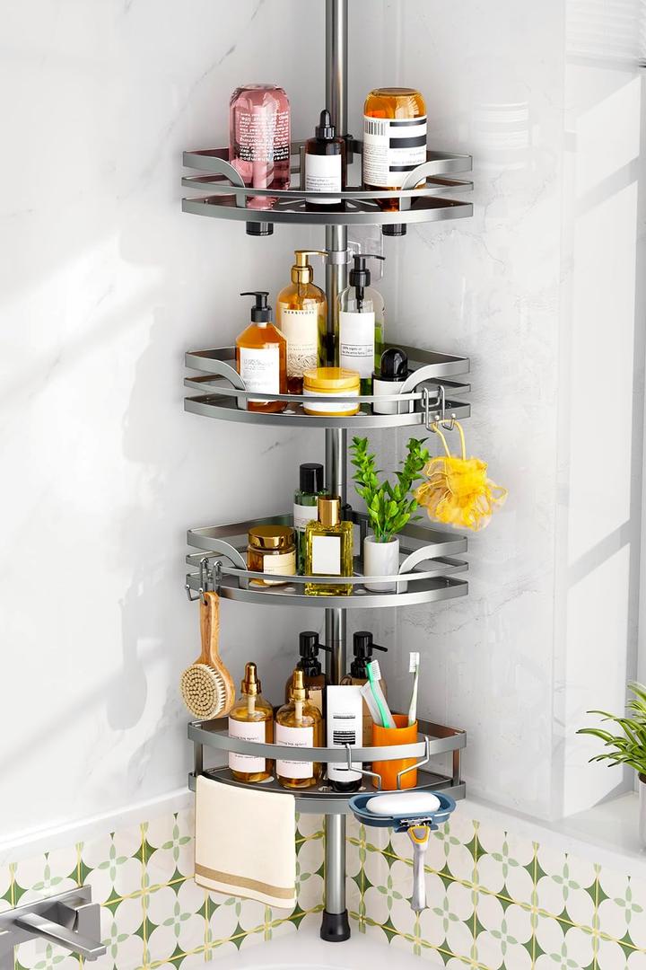 HAMITOR Shower Caddy Tension Pole 4-Tier Rustproof Bathroom Corner Shelf for Renters - 47-121inches Adjustable Bathtub Organizer with Soap Holder-large capacity rack for Shampoo Storage Home Accessory (Silver)