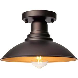 Outdoor Semi Flush Mount Porch Light, Oil Rubbed Bronze with Gold Accents, E26 Based Socket, 9 Inch Farmhouse Metal Ceiling Light for Bedroom, Kitchen, Hallway, Laundry, Foyer