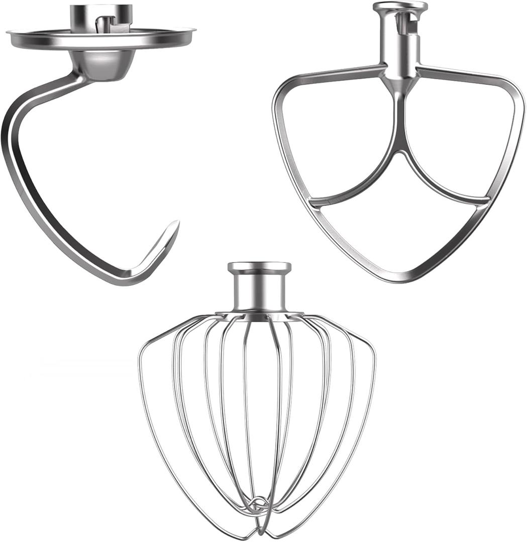 3 x 3-Piece Stainless Steel Mixer Attachment Kit for KitchenAid 4.5/5 QT Tilt-Head Mixers, K45WW Wire Whip, K45DH Dough Hook & K45B Coated Flat Beater, Baking Essentials Set, Dishwasher Safe