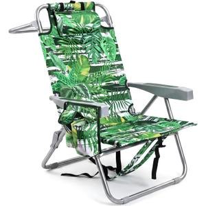 Backpack Beach Chair 330lbs, 5-Position Lay Flat with Cooler Bag | Palm leaves tropical design, heavy duty reclining sand chair for beach, poolside & outdoor vacation, padded headrest, Oversized