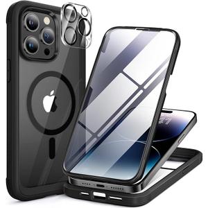 Miracase Magnetic for iPhone 14 Pro Case 6.1 inch, (Compatible with MagSafe) Upgrade FullBody Clear Phone Bumper Case with Builtin 9H Tempered Glass Screen Protector, Black