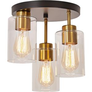 Flush Mount Ceiling Light 3-Light Black Semi Ceiling Light Fixture with Clear Glass Shades, Farmhouse Industrial Gold Brass Kitchen Ceiling Lights for Hallway Entryway Dining Roon Bedroom