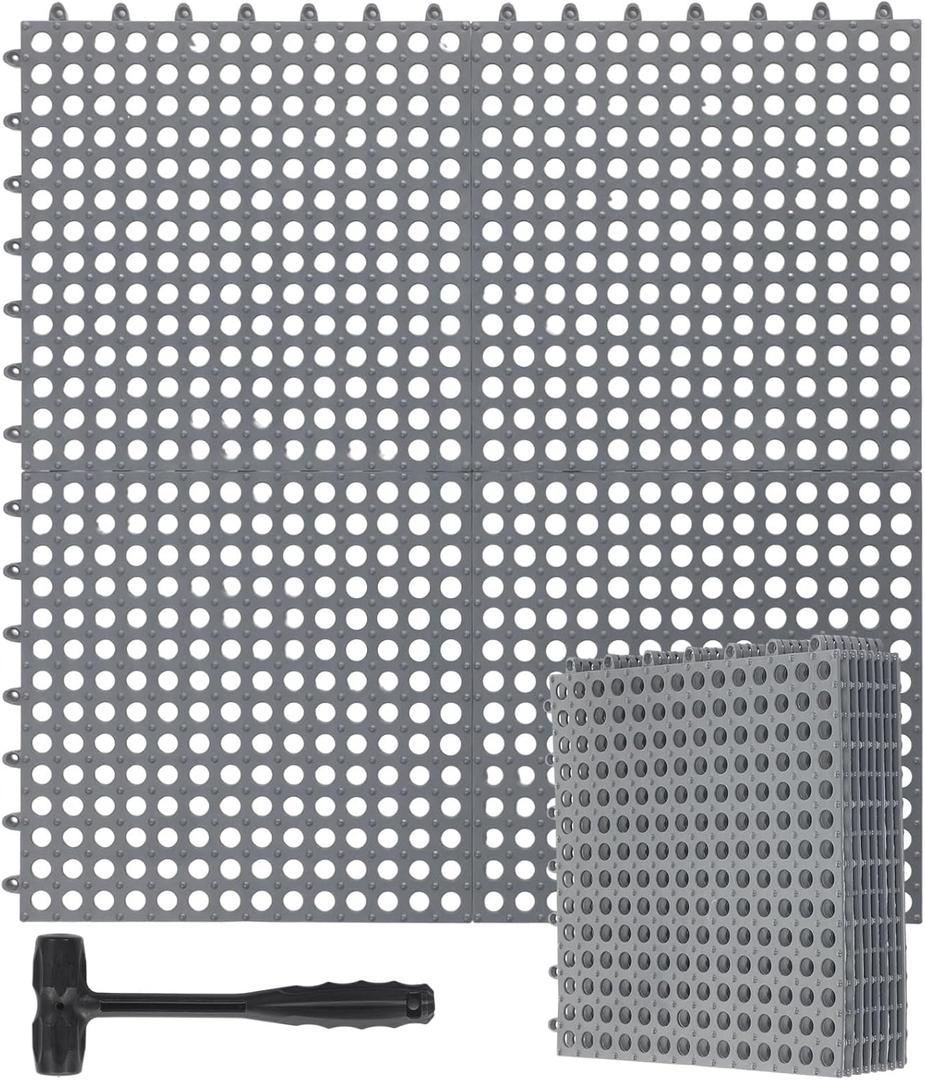 8 Pack Drainage Tiles Modular Interlocking Floor Tiles with 1 Pc Plastic Hammer 12" x 12" Cushion Mat Non Slip Rubber Floor mat with Holes for Pool Bathroom Deck Kitchen Patio (Gray) (Grey)