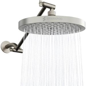 SparkPod Round Rain Shower Head with Extension Arm - Height Adjustable Shower Head with High Pressure Performance - Easy 1-Minute Installation (8" Round, Elegant Brushed Nickel)