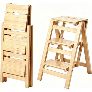 3-Step Wooden Folding Step Stool – Solid Pine Frame, Non-Slip Steps, Anti-Scratch Base, 337lb Capacity – No Assembly Required, Space-Saving for Kitchen & Home – Walnut (Natural Wood) 22"D x 16.5"W x 26"H