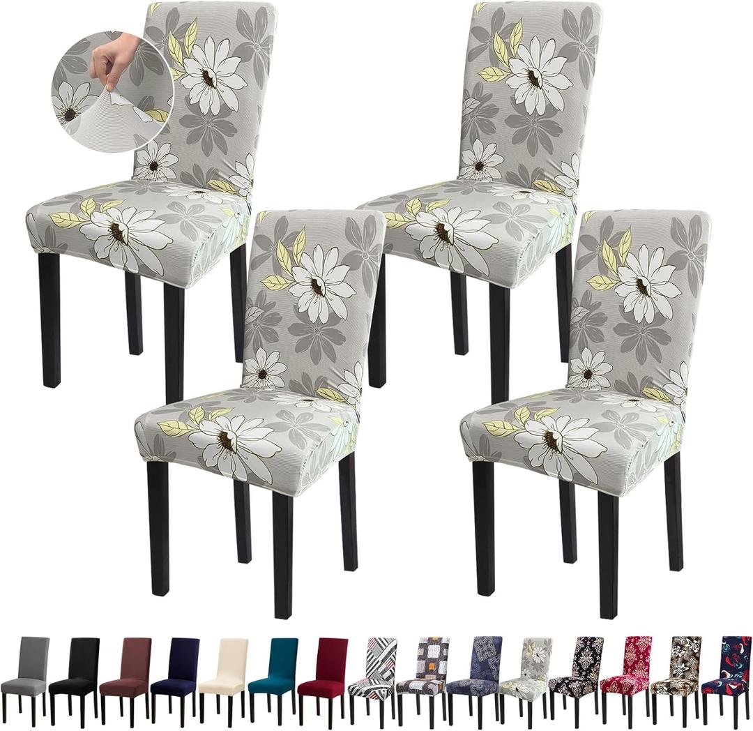 Dining Chair Covers, 4pcs Stretch Kitchen Chair Covers, Removable Washable Chair Slipcovers for Home, Hotel, Banquet (Grey Flower)