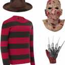 Adult Scary Halloween Costumes for Freddy Costume Mens Red and Green Striped Sweater with Hat Claw Gloves Mask for Halloween Killer Cosplay SV010L