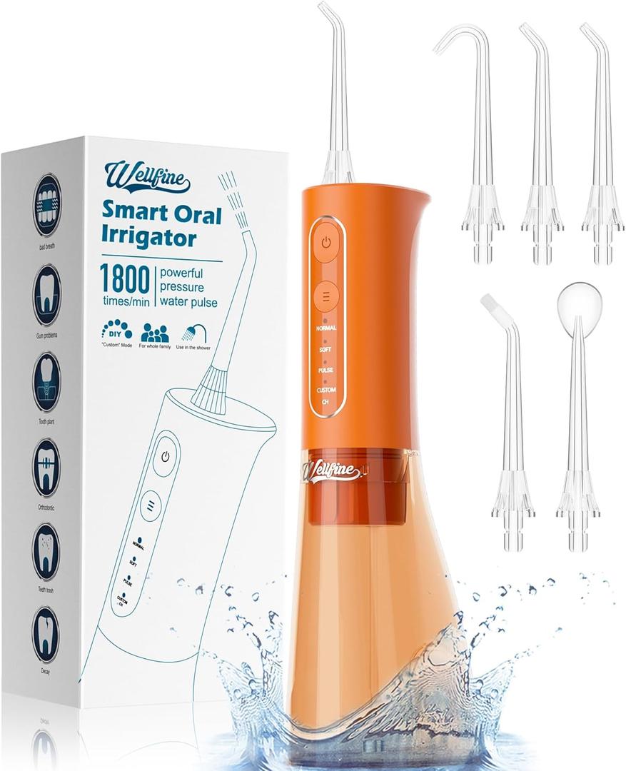 Water Dental Flosser Teeth Pick: Portable Cordless 4 Modes Flossers Pic 300ML Rechargeable Floss Pik Powerful IPX7 Waterproof Oral Irrigator for Cleaning Gum Care Braces for Home Travel (05_orange)