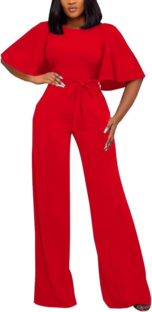 BessCops Womens Loose Short Sleeve Belted Wide Leg Pant Romper Jumpsuit Casual Business One Piece Outfits, No Size