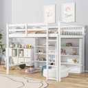 Full Size Loft Bed with 8 Open Storage Shelves and Built-in Ladder,Bedroom Solid Wood Bed Frame w/Full-Length Guardrails & Easy to Assemble, For Kid Adult Boy Girl Teen, White