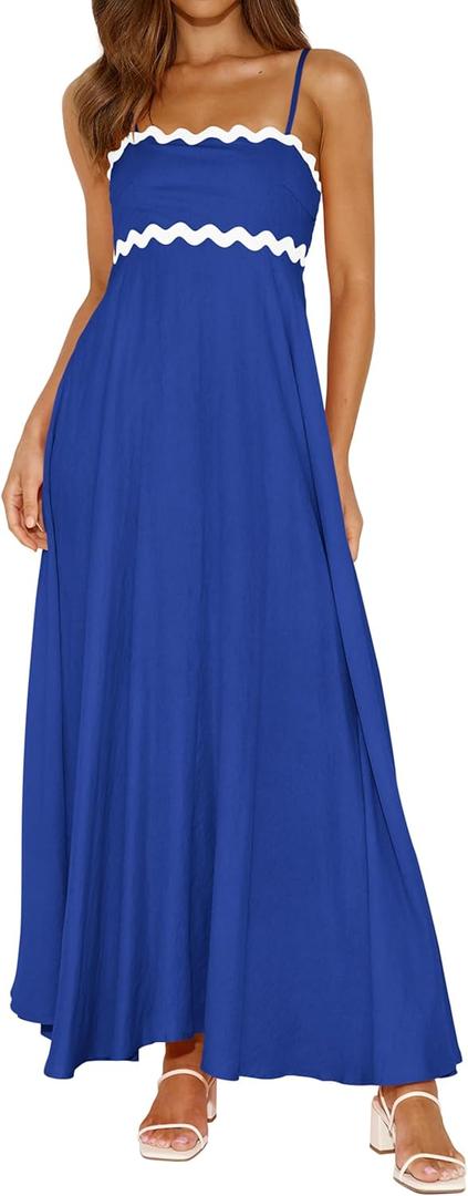 PRETTYGARDEN Womens Spaghetti Strap Maxi Dresses 2025 Summer Casual Sleeveless Smocked Boho A Line Long Flowy Beach Sundress (Blue, S)