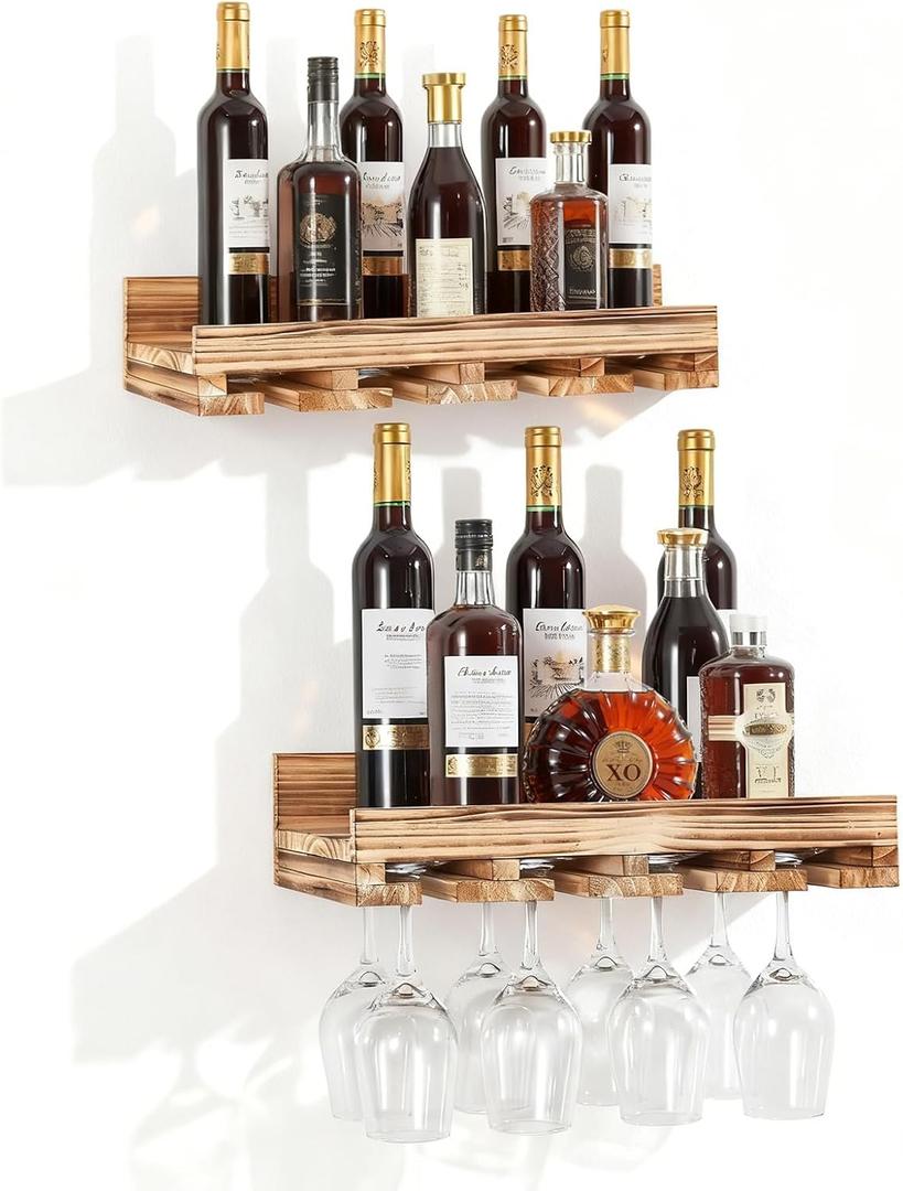 Wall Mounted Wine Rack, 2 PCS Wine Glass Rack Set, Rustic Farmhouse Floating Bar Shelves for Home, Bar, Kitchen, Living Room