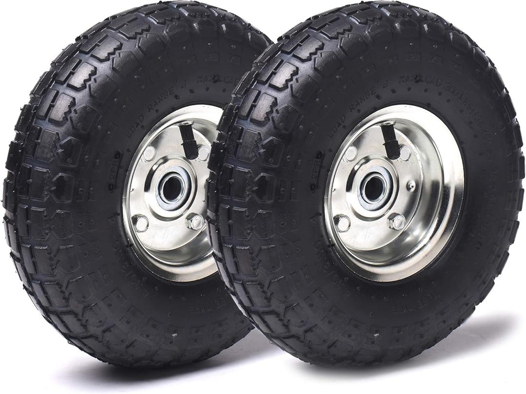 AR-PRO (2 Pack) 4.10/3.50-4 Tire and Wheel, Replacement Pneumatic Tires 10-Inch Wheel with 5/8" Bearings and 2.2" Offset Hub, Compatible with Hand Truck, Wheelbarrow, Wagon, Gorilla Carts (Silver)