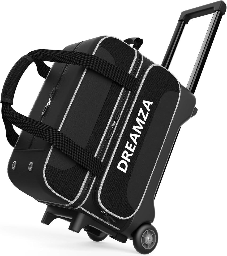 2 Ball Bowling Bag with Wheels, Double Bowling Ball Bag 2 Ball Roller w/Separate Compartment for Shoes Up to US Mens Size 16, w/Retractable Handle Extends to 40" & Accessories Pocket, 15940 inches