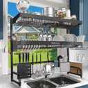 Over The Sink Dish Drying Rack,3 Tier Adjustable Length (25.5'' to 37.4'') Full Stainless Steel Large Storage Kitchen Dish Rack,For Kitchen Counter,Expandable Multifunctional Organizers,Black