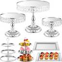 Kigley 7 Pcs Silver Cake Stands Set Vintage Dessert Table Display 3 Tiered Cupcake Holder Candy Plate Desserts Table Stands with Crystal Edge Serving Tower Metal Cake Serving Tray for Wedding Birthday
