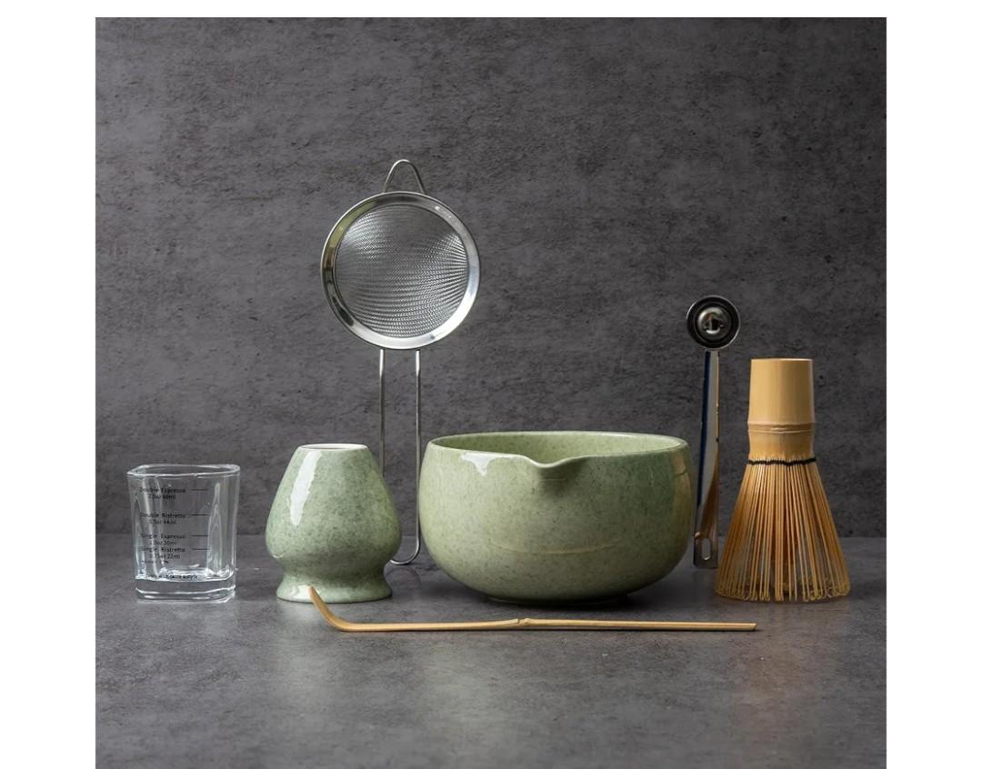 YIBO Matcha Whisk Set With Bowl, Ceramic Matcha Making Kit Includes Bamboo Whisk (Chasen), Holder Stand, Powder Starter Sifter, Scoop, Measuring Spoon & Cup Tea Tools For Ceremony (Mottled Green)