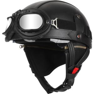 Senhill German Style Motorcycle Helmet for Adult Retro Leather Half Helmet Vintage Cap Skull Cap Open Face Helmet with Goggles for Cruiser Scooter Chopper DOT/ FMVSS 218 Approved (Black Type, M)