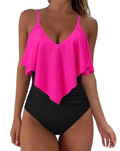 SUUKSESS Women Slimming Ruffle One Piece Swimsuits Ruched Tummy Control Bathing Suits (Hot Pink Black, Large Size)