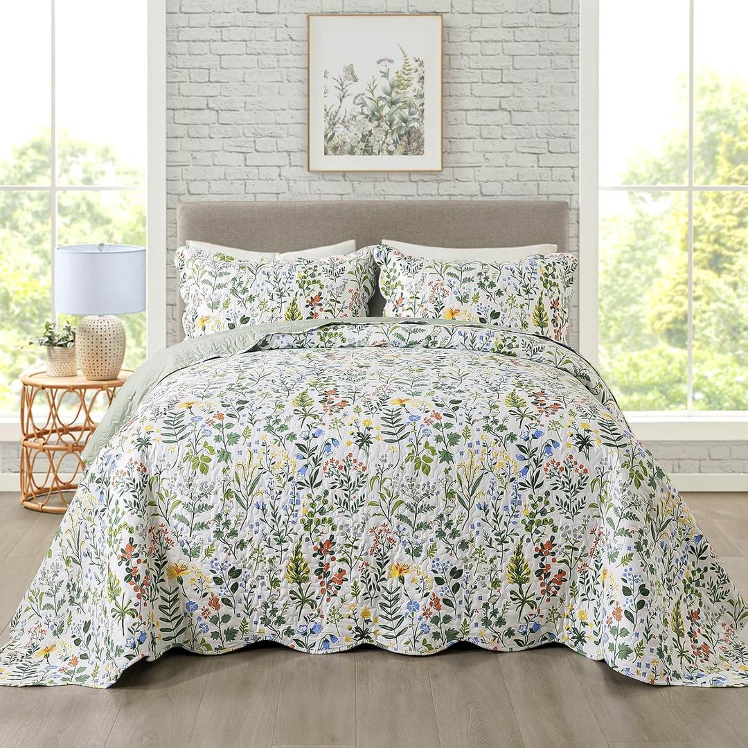 Travan 3-Piece Quilt Set Quilted Bedspread Lightweight Coverlet Set Garden Style Floral Printed Oversized Quilted Bedding Set with Shams for All Season, Exquisite, Queen Size | Quilted Bedspread