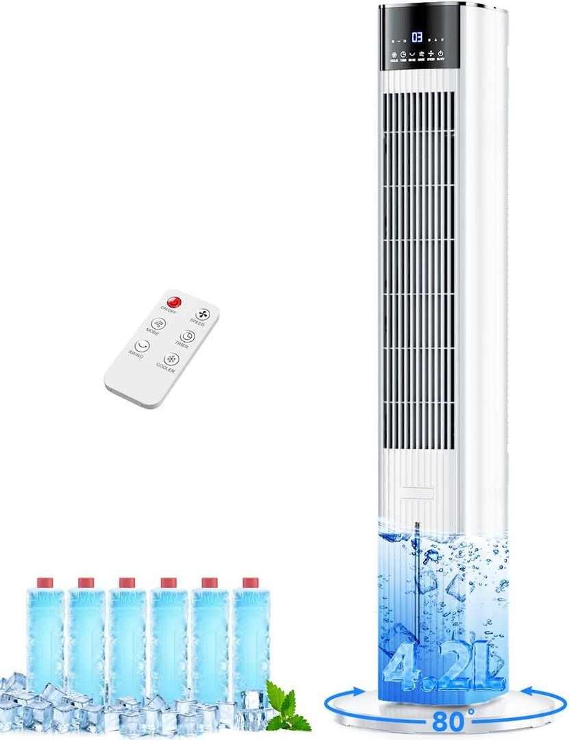 42 INCH Swamp Cooler Air Conditioner w/4 Mode & 3 Speed, 15H Timer, Aroma&Memory Function, Portable Air Conditioners No Windows Needed, 6 Ice Packs, 1.1-Gal Dual Tank Portable AC Unit for Room