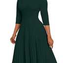CLOCOR Midi Dresses for Women Casual Fit and Flare A-Line Pleated Swing Dress 3/4 Sleeve V Neck Church Cocktail Dress Dark Green 2XL