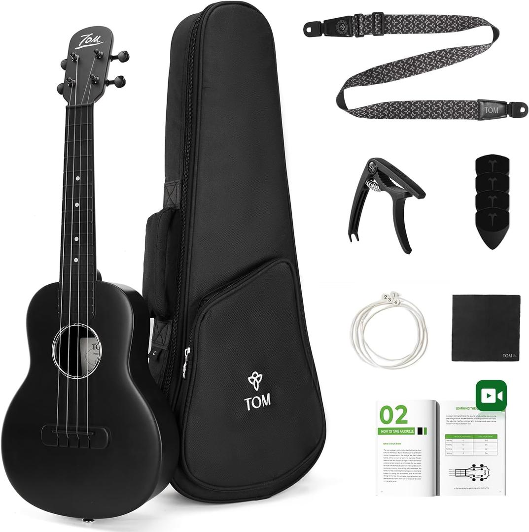 TOM 23" Carbon Fiber Concert Ukulele  Upgraded Ukelele Kit with Quick Locking Strap, Waterproof, Ultra-Lightweight (1.25 lbs), Ideal for Beginners, Professionals & Outdoor Adventures (Black)