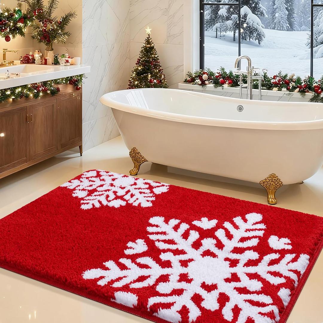 Christmas Bathroom Rugs 30"x20", Ultra Soft Thick Plush Fluffy Microfiber Absorbent Bath Mat, Non-Slip Backing, Machine Washable Bath Mats for Bathroom Floor, Holiday Decor, Red-Snowflakes